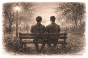 two men sitting on bench emotional gay love story Mumbai