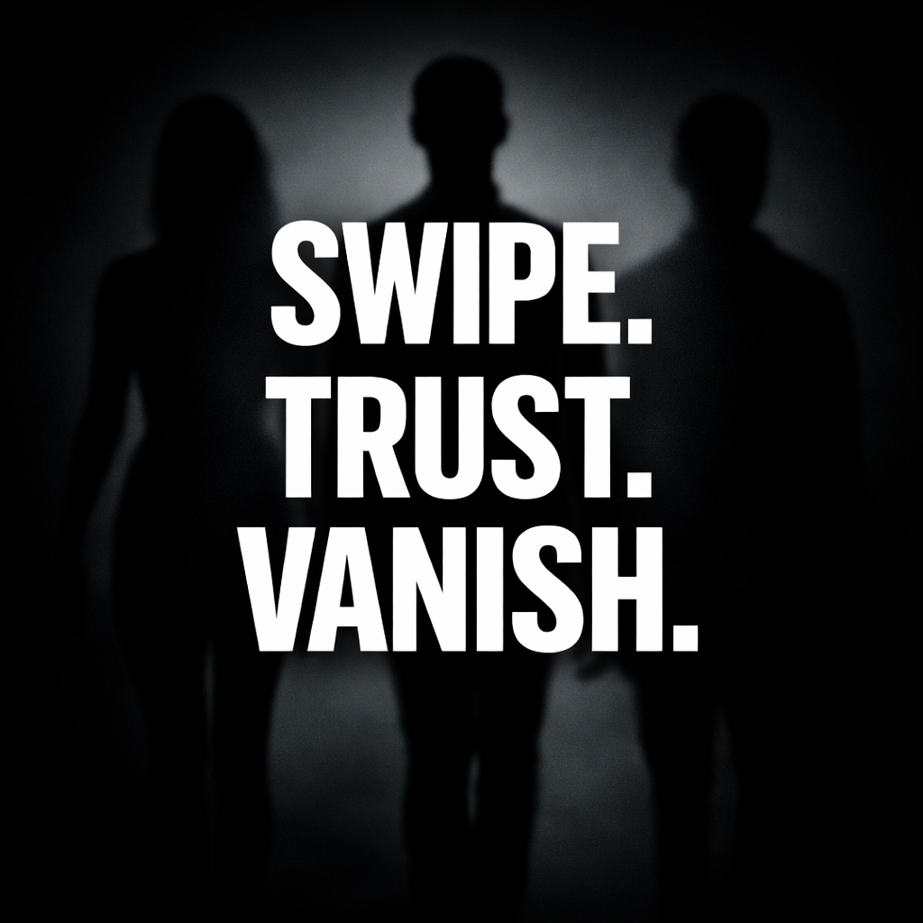 Three shadowy silhouettes against a dark background with the words Swipe. Trust. Vanish. — an investigation into gay dating app crimes in India