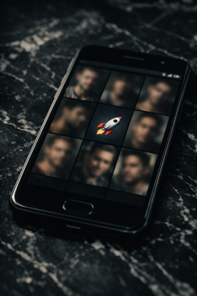 A dating app grid showing blurred profile photos and a single rocket emoji — the silent signal of India's chemsex underground