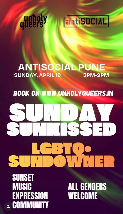 Sunday Sunkissed LGBTQ+ Sundowner event poster at AntiSocial Pune on 19 April 2026