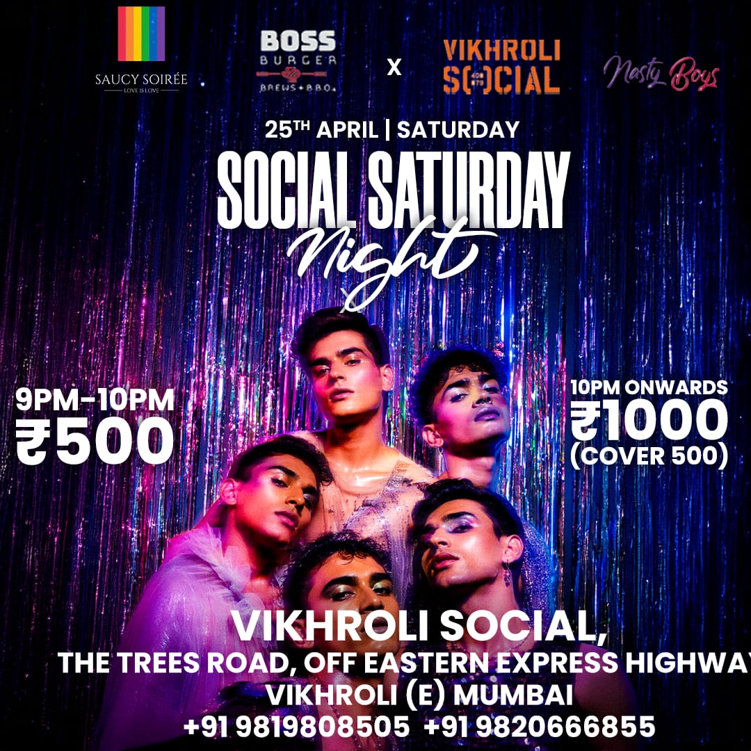 Social Saturday Night queer party poster at Vikhroli Social Mumbai on 25 April 2026 with entry details and performers