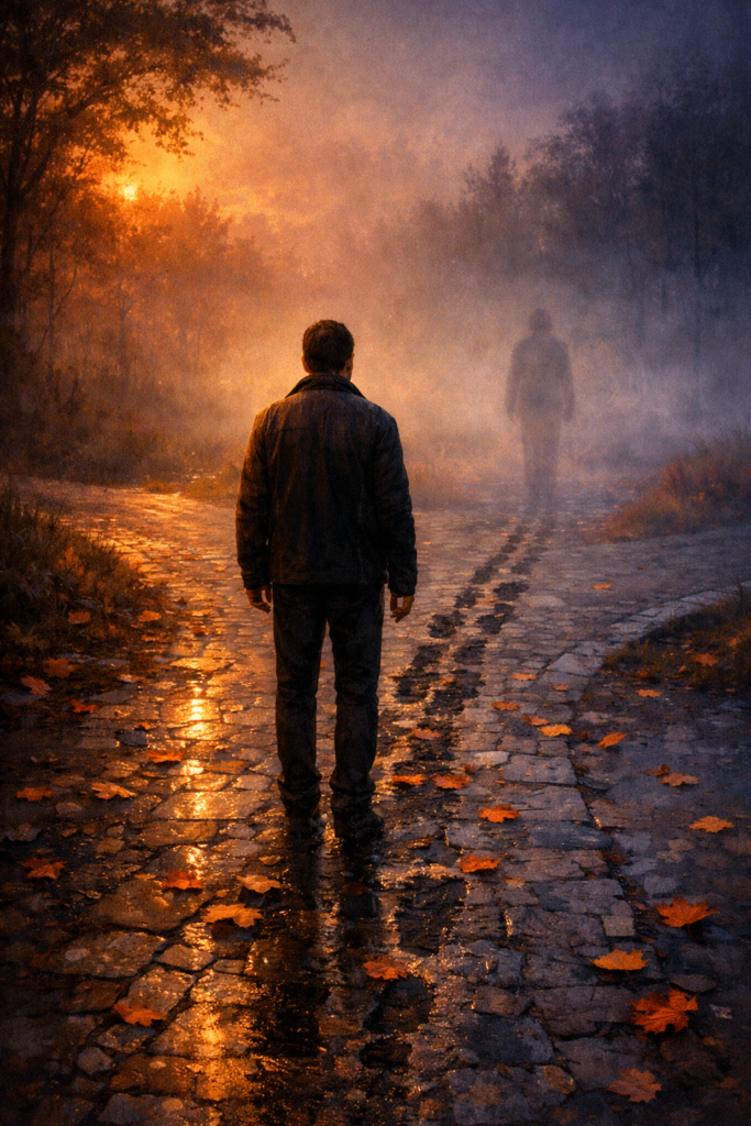 A man standing alone on a foggy cobblestone road at dusk, a fading silhouette walking away ahead of him in the autumn mist