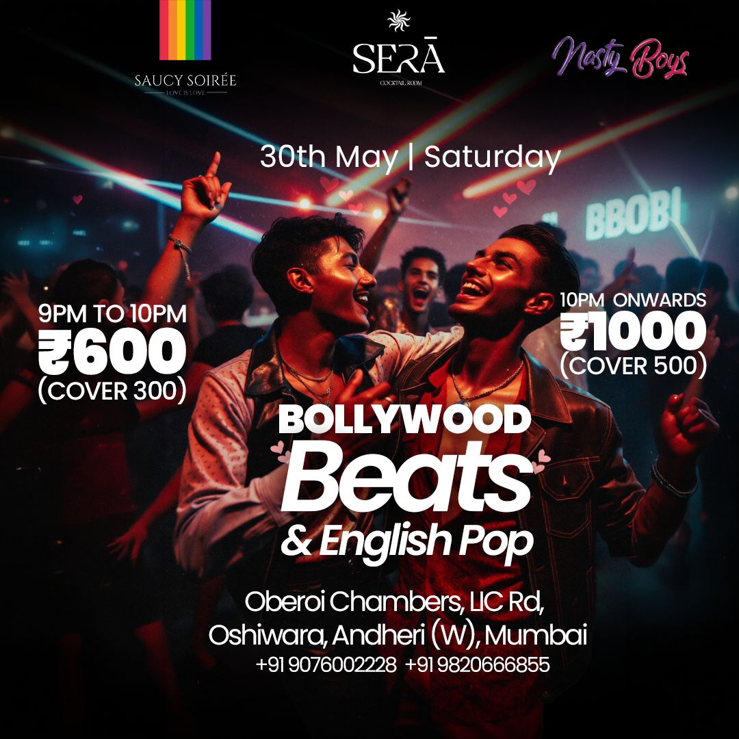 Crowd dancing at an LGBTQ Bollywood and English pop party in Mumbai with rainbow lights, disco atmosphere and vibrant nightlife energy.
