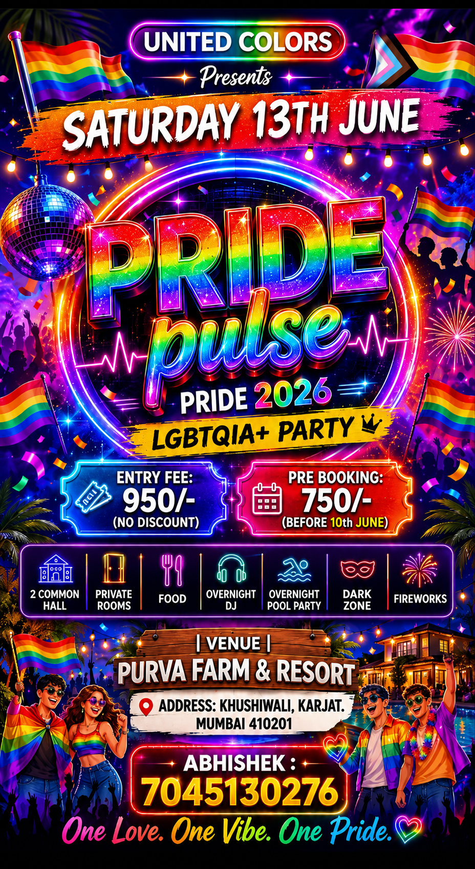 Colorful Pride Pulse 2026 LGBTQIA+ overnight party poster by United Colors featuring rainbow neon visuals, DJ party vibes, and Karjat resort details.