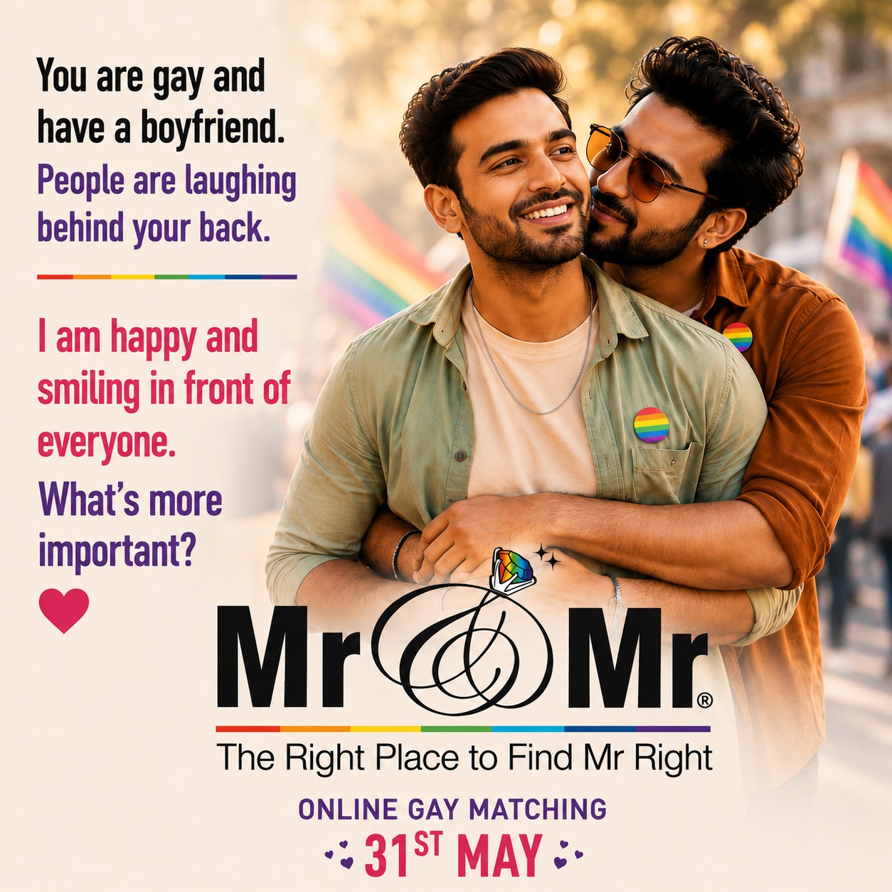 Poster for Mr n MrOnline LGBTQ+ gay matching event focused on meaningful connection, companionship and authenticity in India.