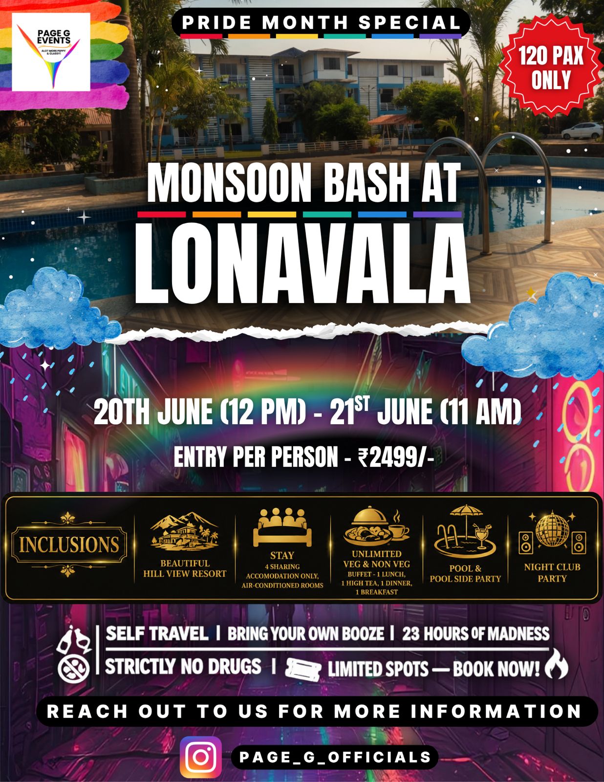Poster for LGBTQ+ Pride Month Monsoon Bash event at Lonavala featuring resort stay, pool party, nightclub and community celebration by PAGE G EVENTS.