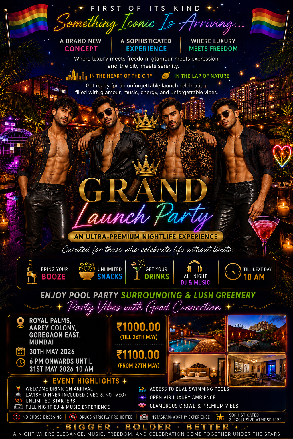 Luxury LGBTQ overnight pool party at Royal Palms Mumbai with DJ music, poolside vibes and nightlife atmosphere