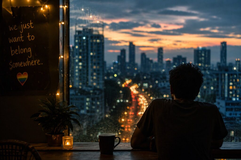 A lone person looking at a rainy city skyline at night symbolising queer loneliness and emotional isolation in urban India.