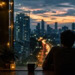 A lone person looking at a rainy city skyline at night symbolising queer loneliness and emotional isolation in urban India.