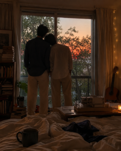 Two young men standing together by a large apartment window at sunrise inside a warm, cozy room filled with books, soft lights, and artistic details.