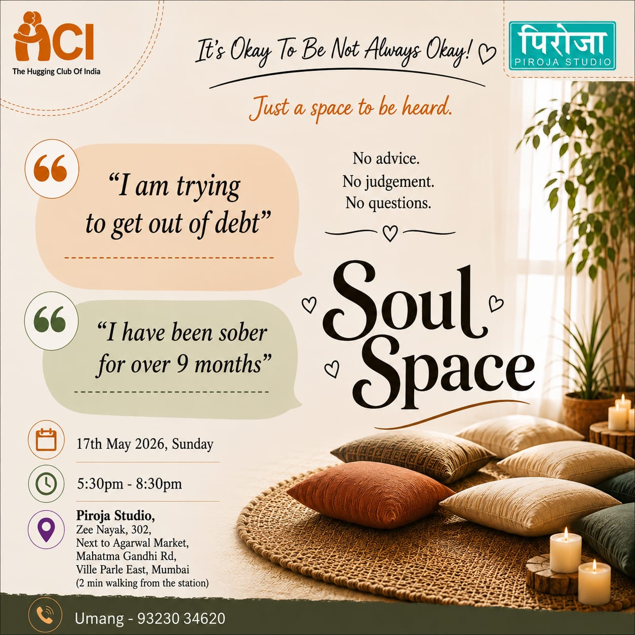 People sitting in a warm cozy healing space during Soul Space mental wellness gathering in Mumbai by The Hugging Club Of India