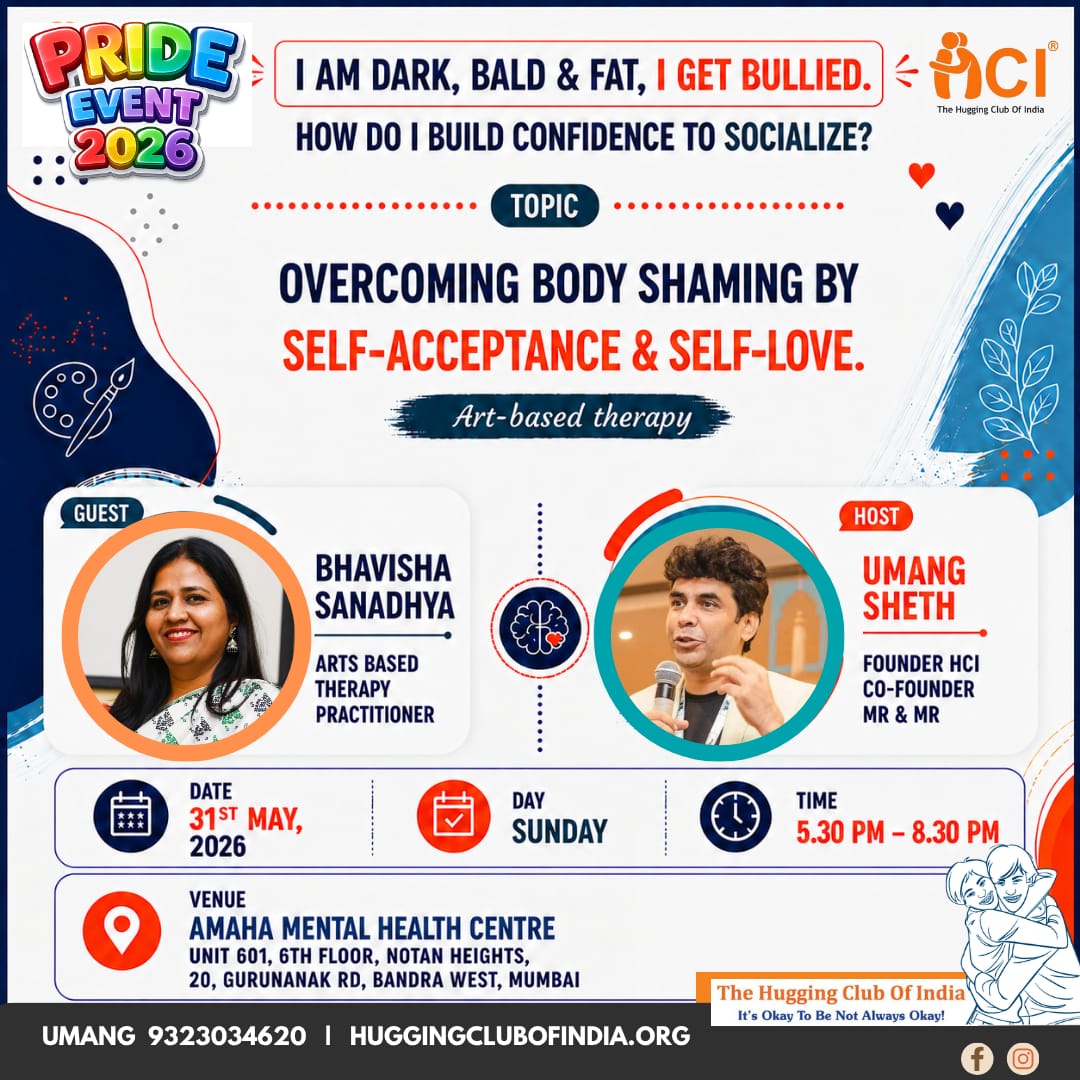 A Pride Month mental health support event poster about body image, self-love, and self-acceptance for the LGBTQIA+ community in Mumbai.
