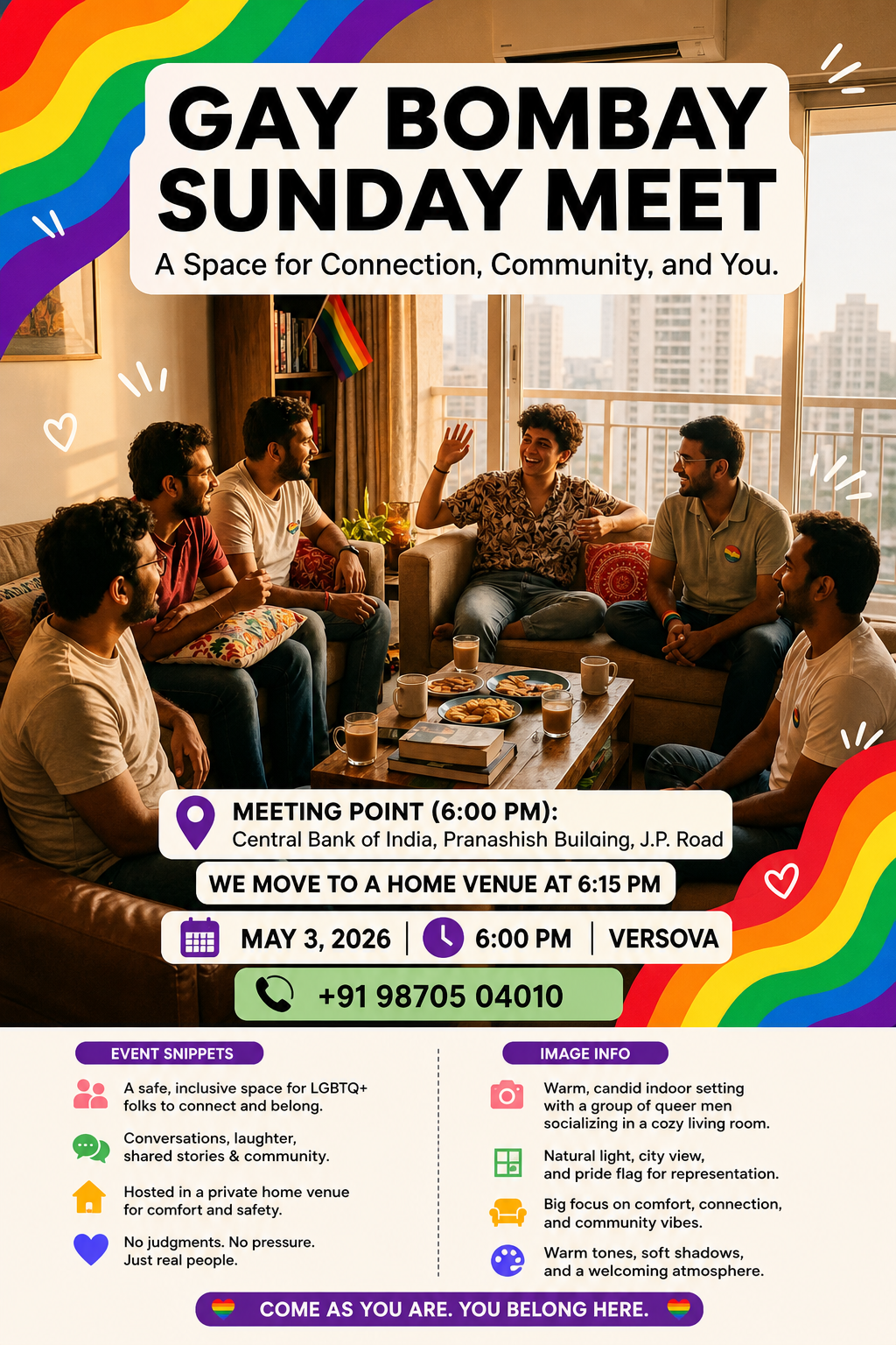 Gay Bombay Sunday Meet poster showing LGBTQ community gathering in a cozy living room in Mumbai with rainbow design elements