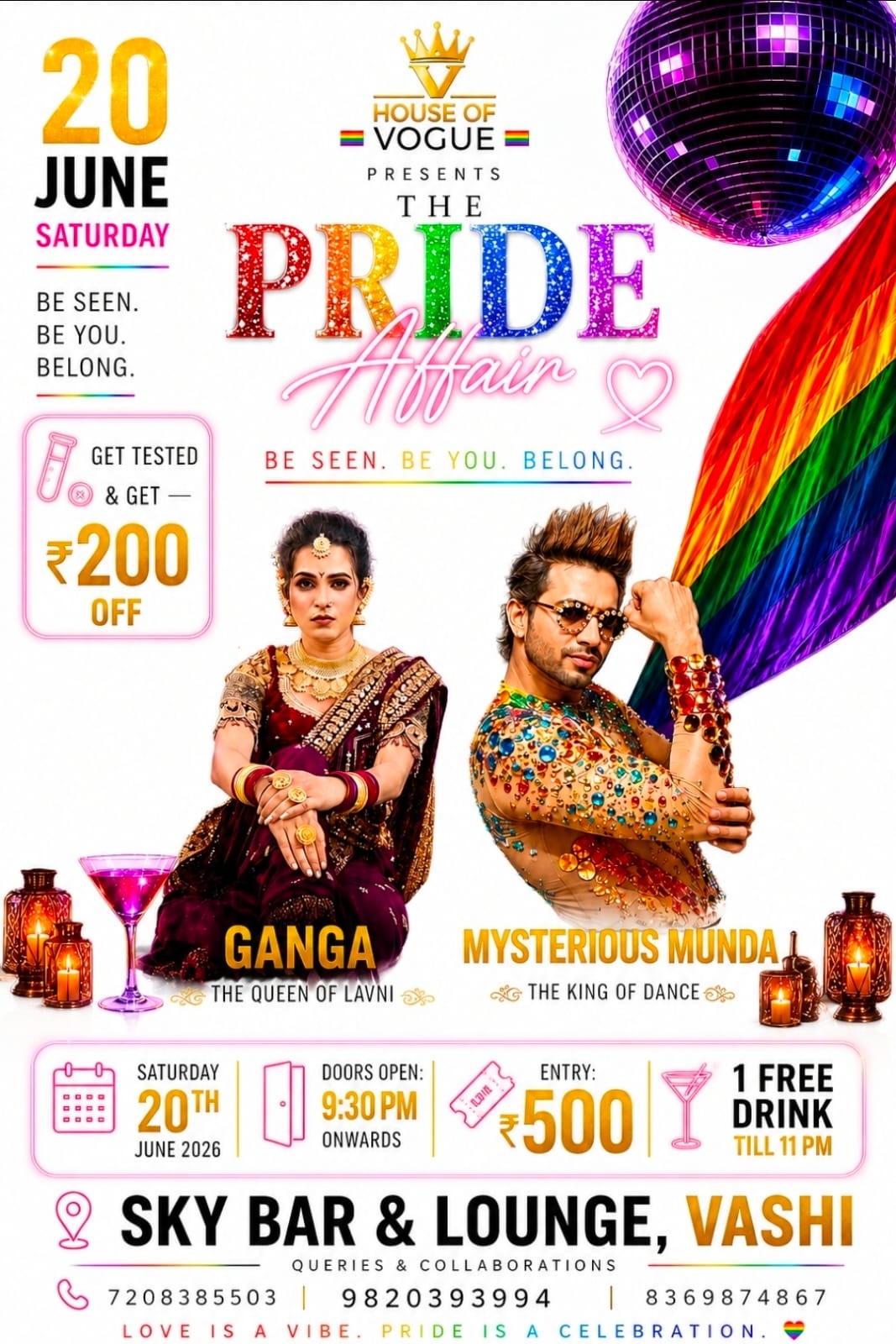 Poster for PRIDE AFFAIR x House of Vogue taking place on 20 June 2026 at Sky Bar & Lounge, Vashi, Navi Mumbai featuring performances by Mysterious Munda and Ganga.