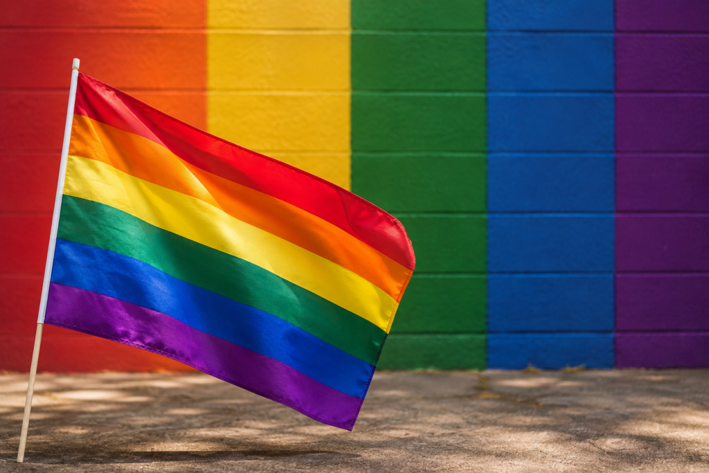 Rainbow Pride flag symbolising the LGBTQ+, gay, lesbian, bisexual, transgender and queer community during Pride Month in India.