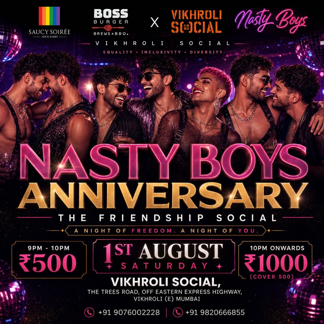 Promotional poster for the Nasty Boys 8th Anniversary LGBTQ+ Friendship Day party at Vikhroli Social, Mumbai on 1 August 2026.