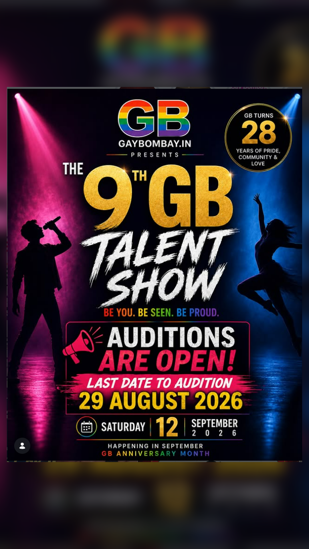 Gay Bombay 9th GB Talent Show auditions open for the event on 12 September 2026