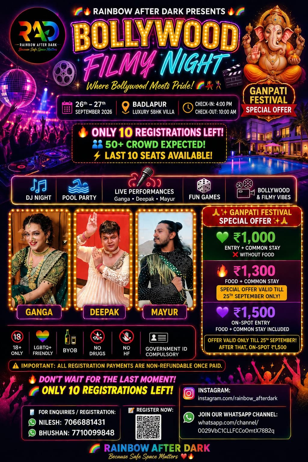 Rainbow After Dark Bollywood Filmy Night LGBTQ+ villa party in Badlapur on 26–27 September 2026 with DJ night, pool party and live performances