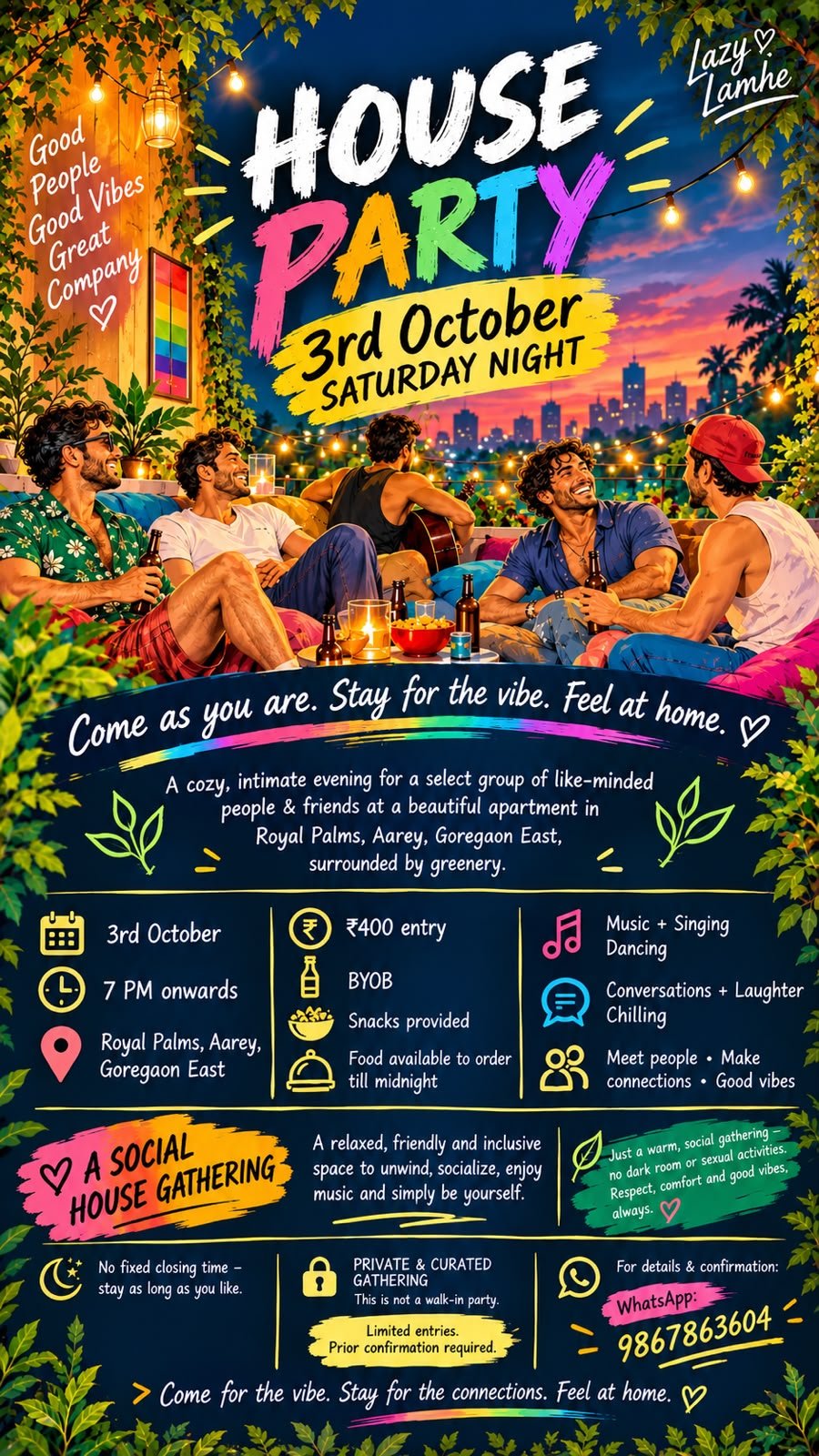 Lazy Lamhe LGBTQ+ house party in Mumbai at Royal Palms Aarey on 3 October 2026