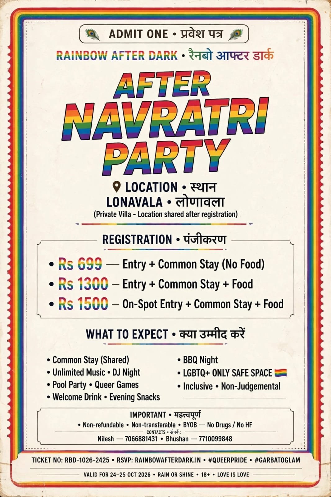 🌈 After Navratri Party | Sat–Sun, 24–25 October 2026 | Lonavala