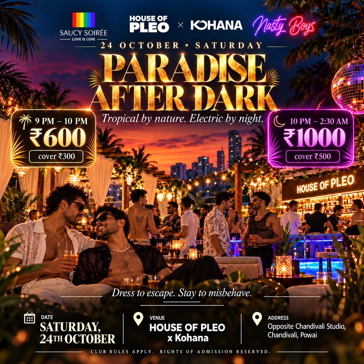 Paradise After Dark LGBTQ+ party poster for 24 October 2026 at House of Pleo x Kohana, Powai, Mumbai, with tropical rooftop and club night details.