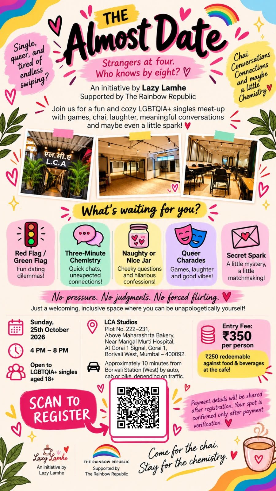 The Almost Date LGBTQIA+ singles meetup poster for 25 October 2026 at LCA Studios, Borivali West, Mumbai, featuring games, chai and registration details.